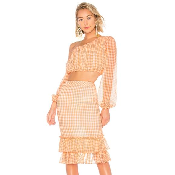 LPA High Waist Ruffle Skirt NWT in Orange Gingham Size Small - Picture 1 of 3